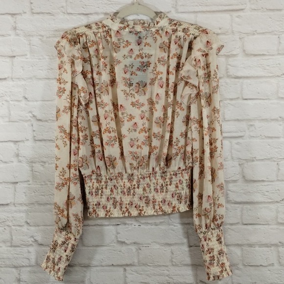 O Forever 21 Cream Wildflower Neck Tie Smocked Cropped Long Sleeve Top NWT M - Picture 11 of 13